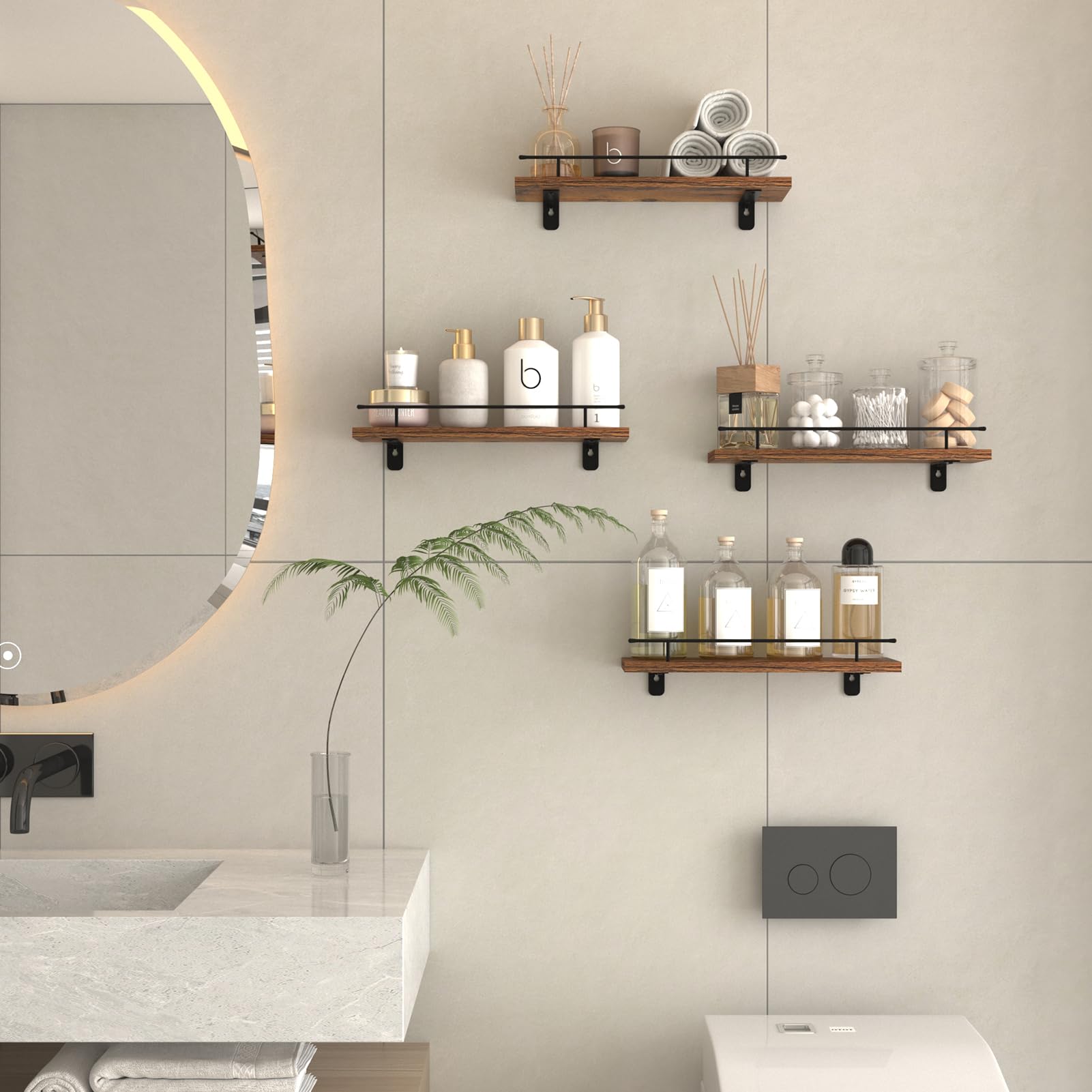 CRUGLA Floating Shelves Wall Set of 4, Hanging Storage Wall Shelf with Metal Guardrail for Bathroom, Kitchen, Bedroom, Living Room