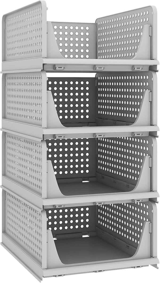 Stackable Plastic Storage Basket, Foldable Closet Organizers and Storage