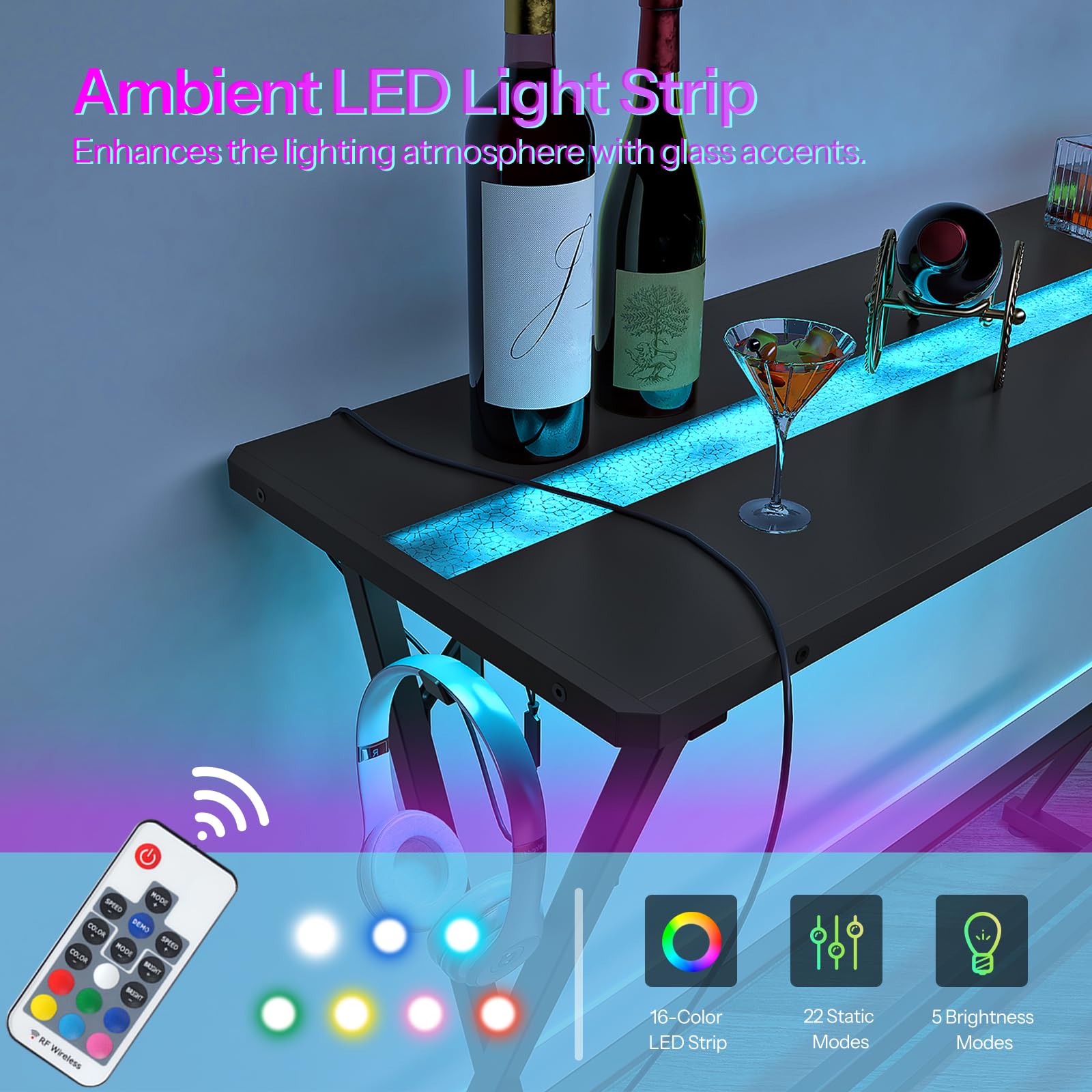 HOOBRO Bar Table,47.1" Rectangular Pub Table,Tall Counter Bar Height Table with LED Light and Glass Decoration, Modern Dining Table Footrests, for Dining Room, Pub, Tavern, Black BB68DBT01