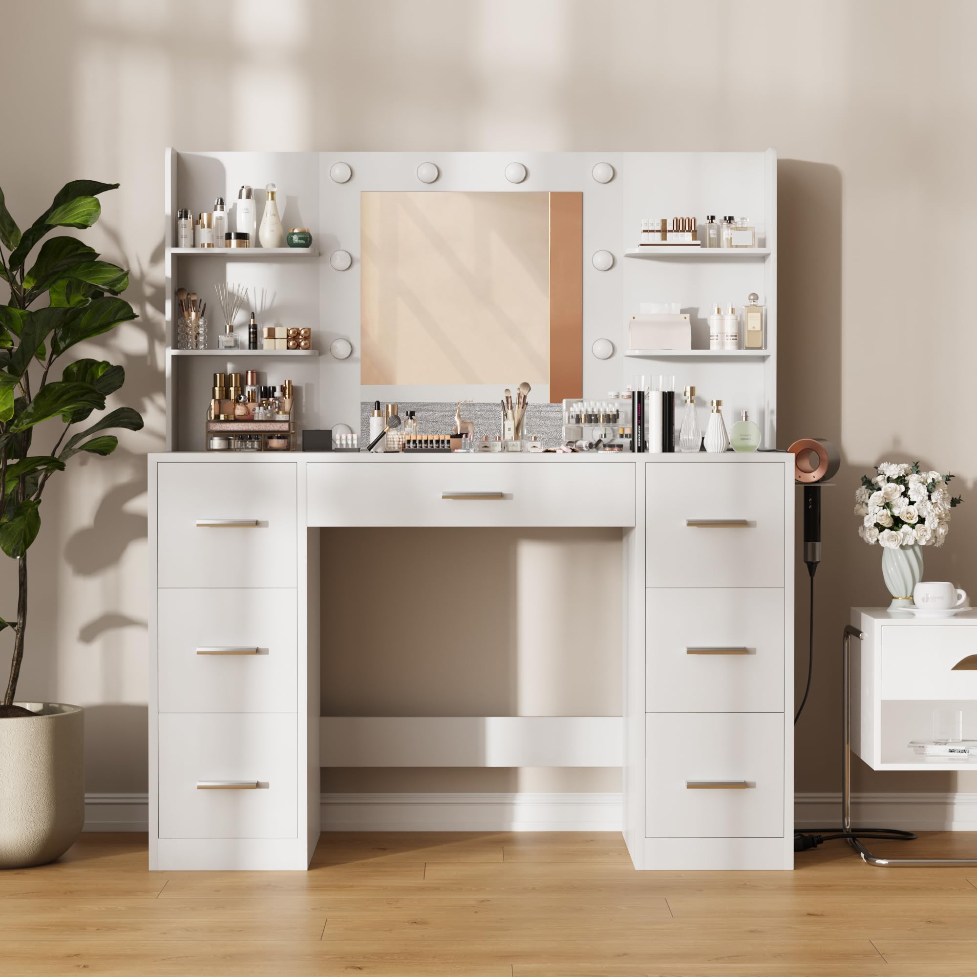Vanity Desk with Mirror, LED Lights and Power Outlet Makeup Vanity Table
