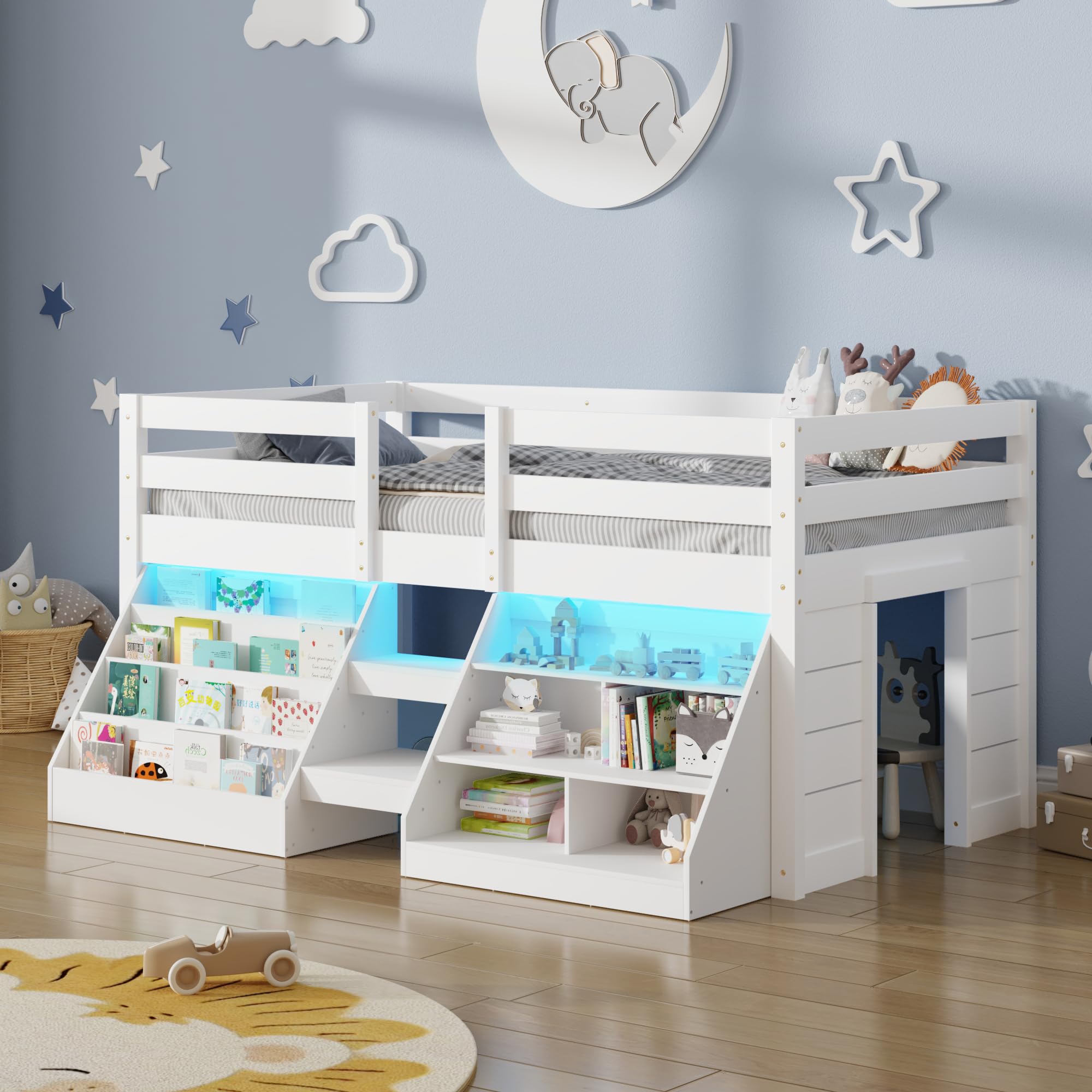 Twin Size Low Loft Bed with Stairs for Kids
