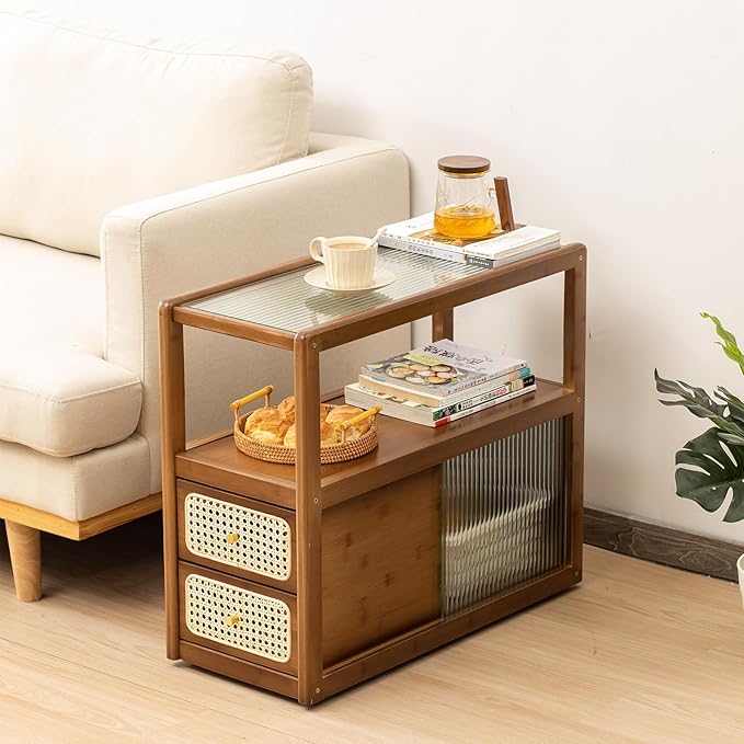 Rattan Nightstand Side Table, Bamboo Accent Bedside Tables, Glass Coffee Tables