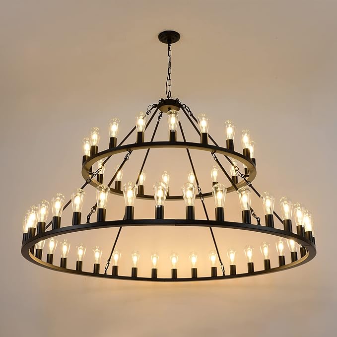 Chandelier 16-Light 39-Inch, Black and Oak Wood Tone Finish Round Rustic