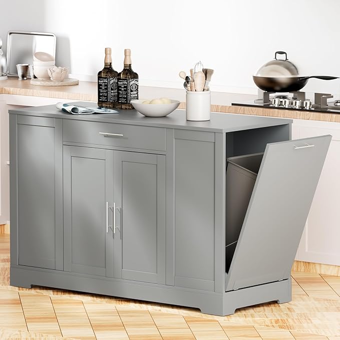 inch Large Kitchen Island with Tilt Out Trash Can Holder, Wooden Storage Pantry