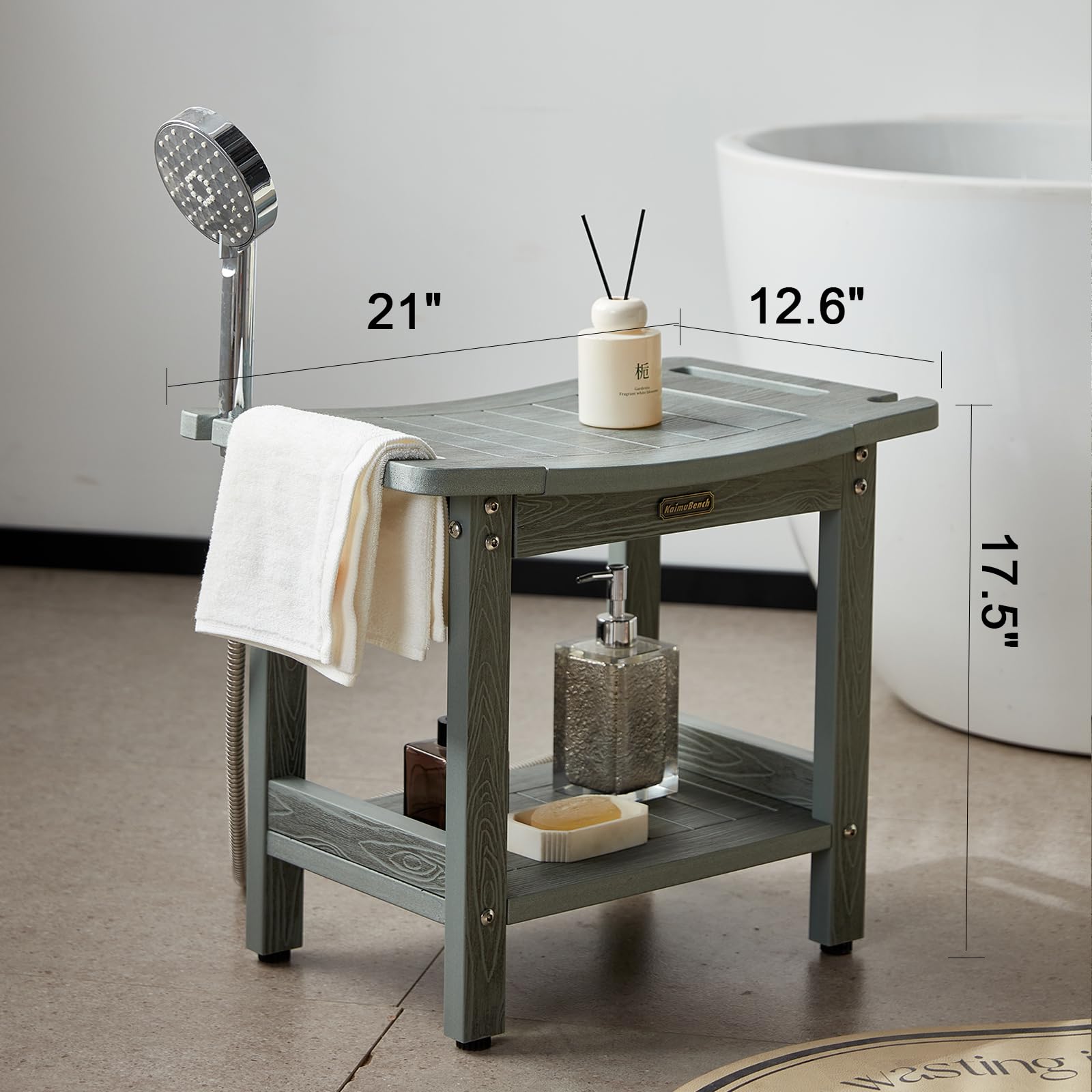 HDPS Shower Bench for Inside Shower, Gray Waterproof Shower Stool for Shaving Legs, Poly Lumber Shower Chair Seat with Handles & Shower Head Holder, Bathroom Shower Foot Rest Stool with Storage Shelf