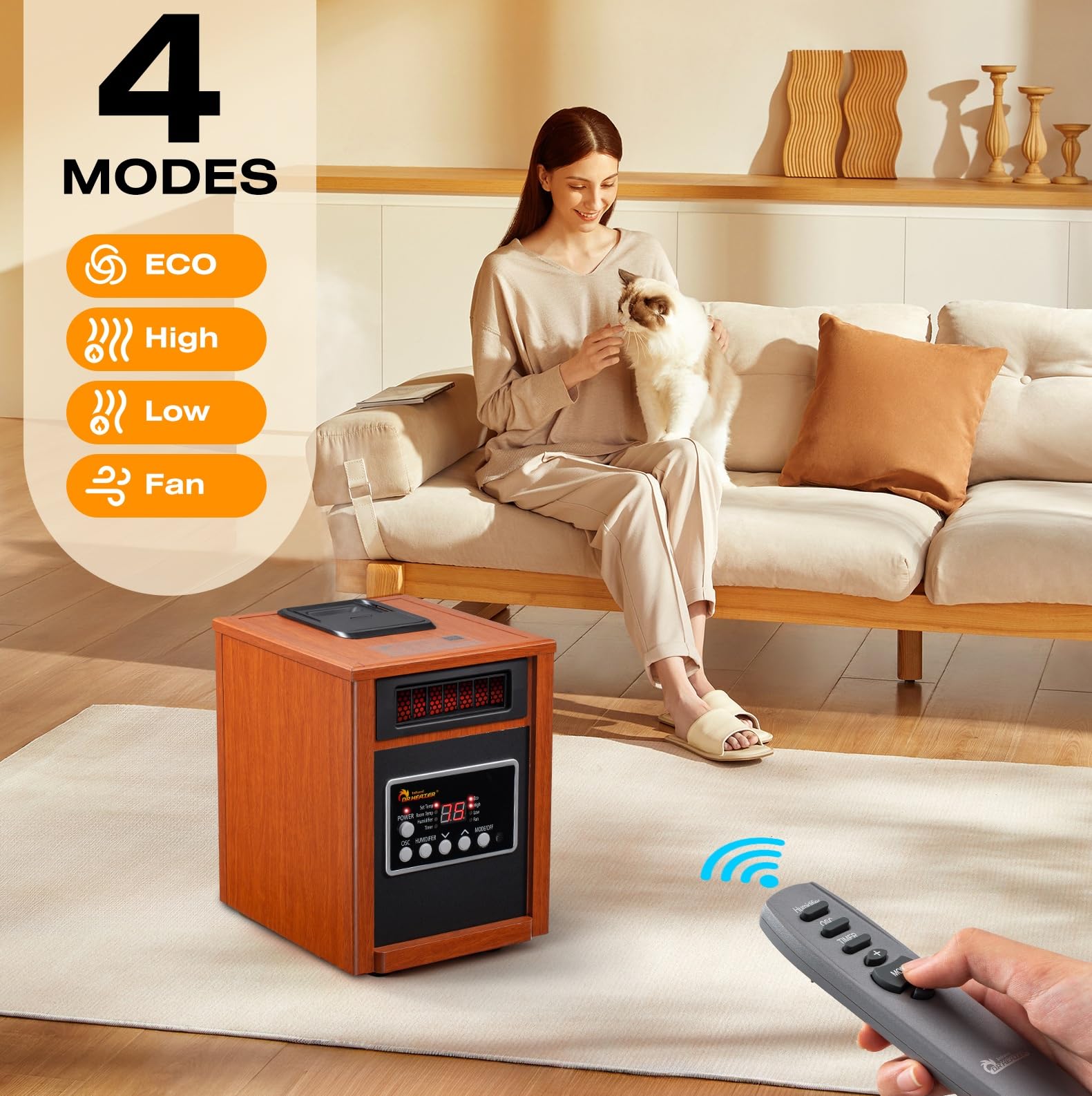 Dr Infrared Heater DR-998, 1500W, Space Heater with Humidifier, Oscillation Fan & Remote Control (Cherry)