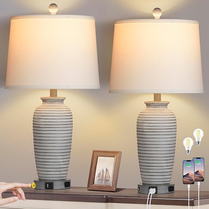 CINSARY 24.3" Farmhouse Jar Table Lamps Set of 2, 3 Way Touch Control
