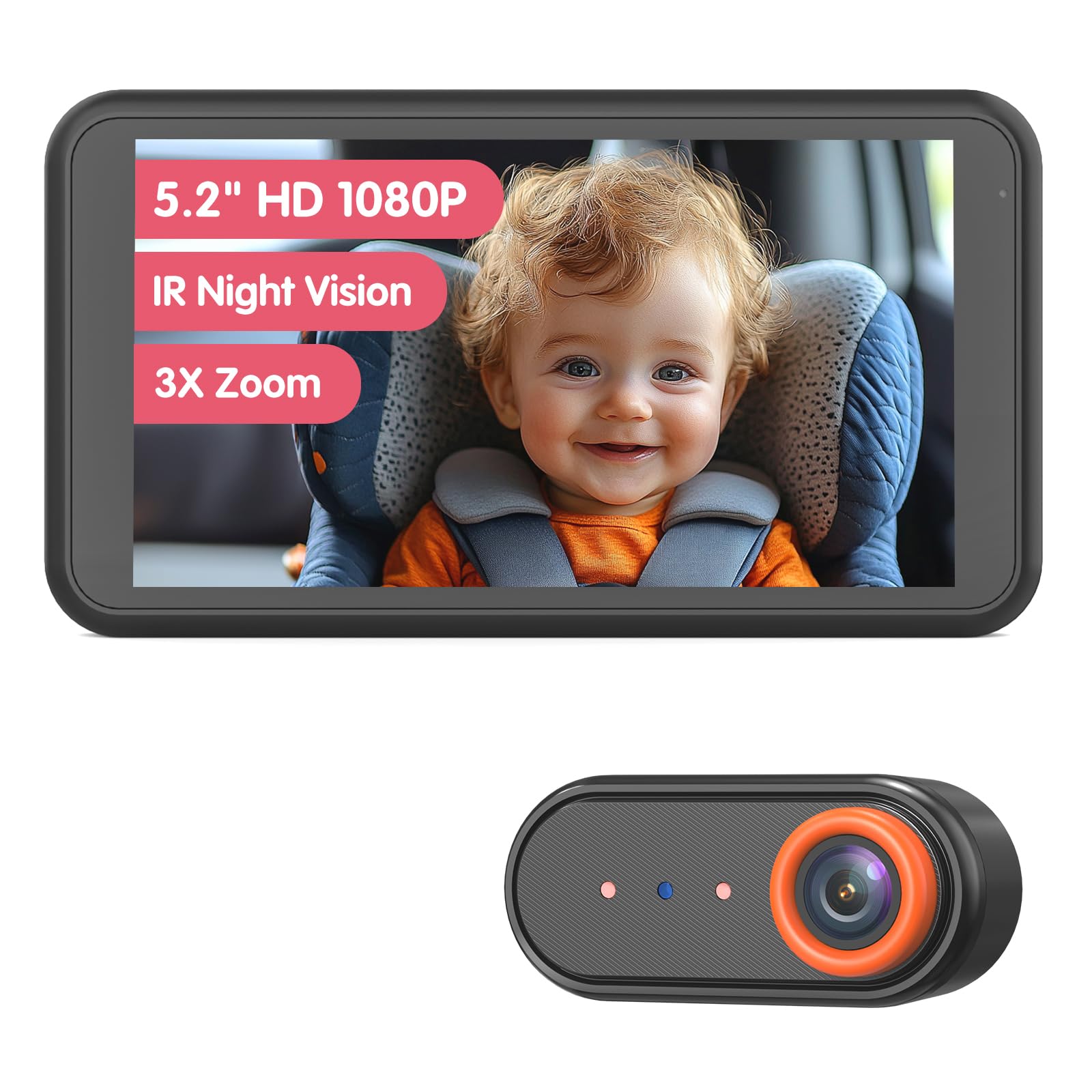 BM2A Baby Car Camera, Night Vision & 5.2" 1080P Display for Rear-Facing Car Seats