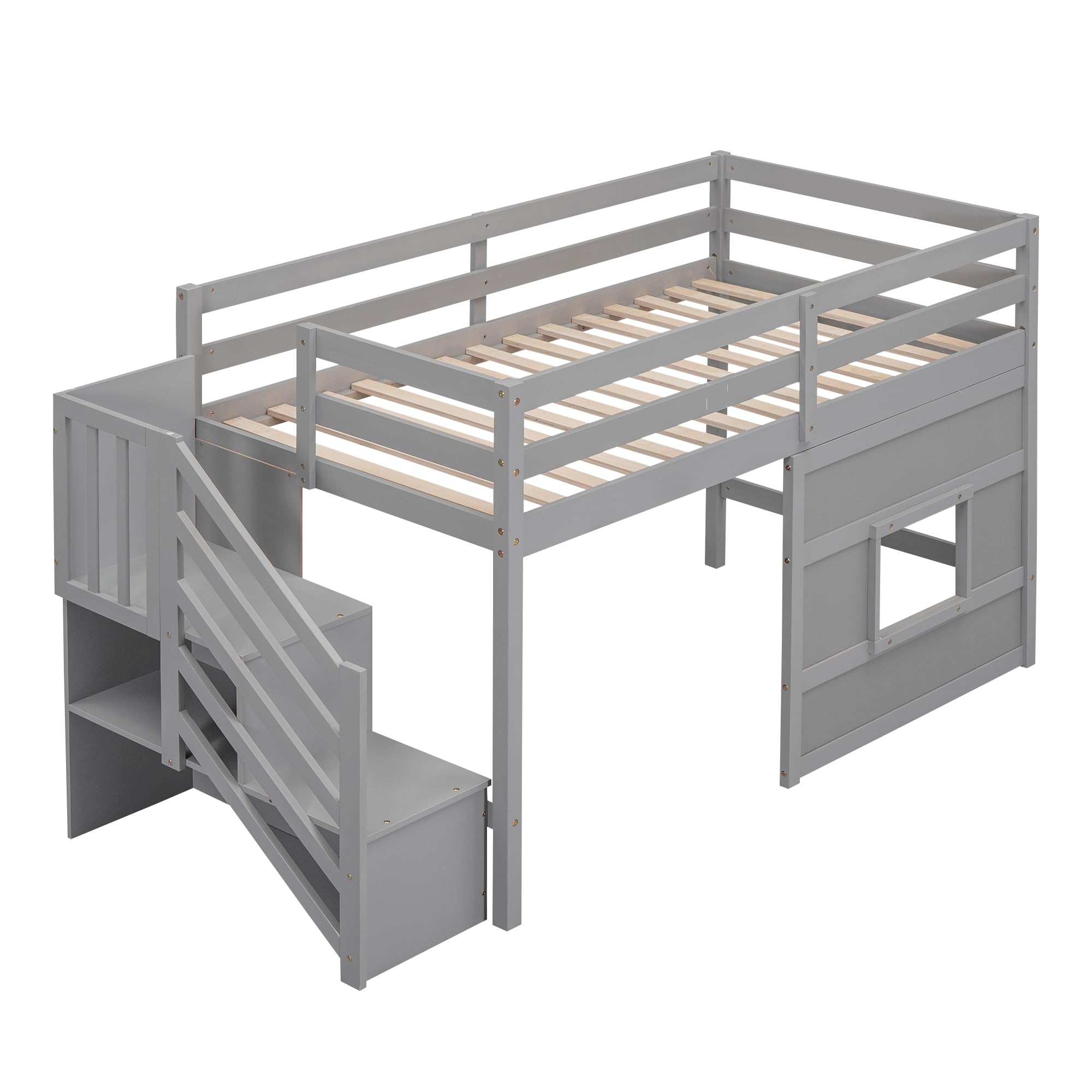 Low Loft Bed with Stairs, Twin Size Storage Loft Bed Frame with Staircase and Window
