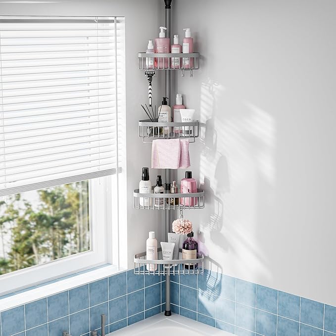 Corner Shower Caddy Tension Pole: Stainless Steel Rustproof 4-Tier Shower Organizer