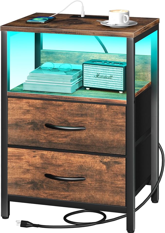 Nightstand with Charging Station, LED Night Stand with Fabric Drawers