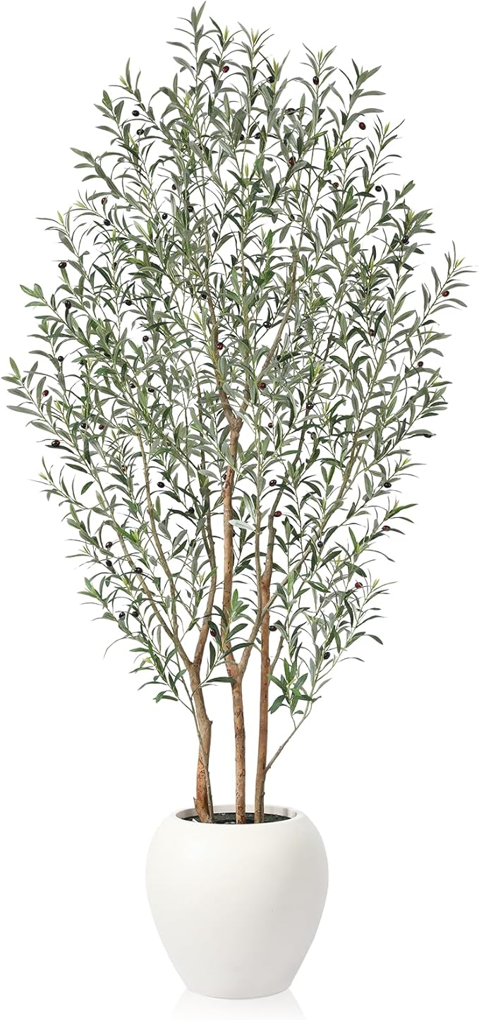 Artificial Olive Tree, 8FT Tall, Faux Olive Trees with Natural Wood Trunk & Lifelike Fruits