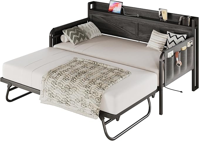 Twin Daybed with Trundle Bed, Storage Headboard with Charging Station, Sofa Day Bed