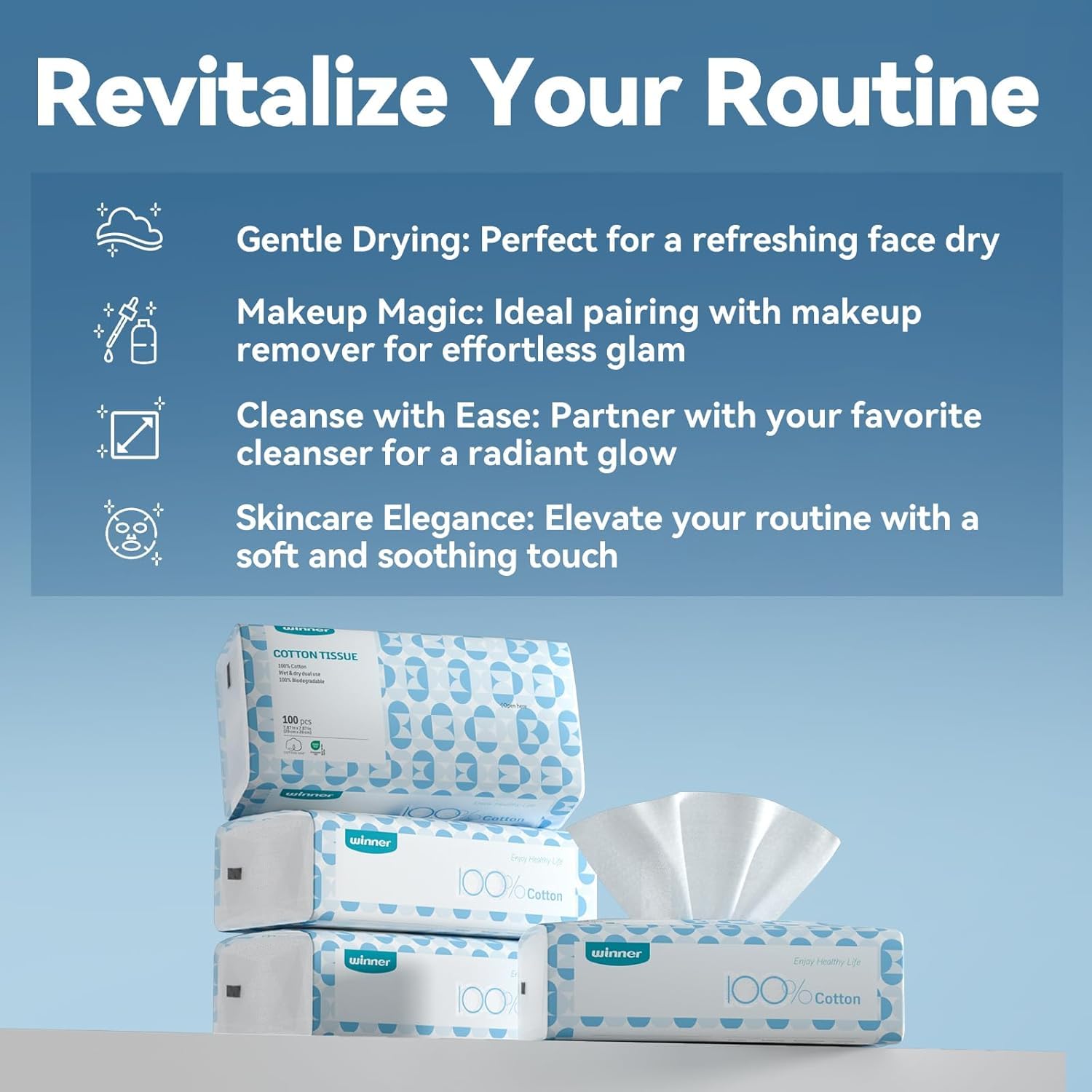 Winner Soft Face Towels, 100% USDA Biobased Facial Towels, Unscented Cotton Tissues for Sensitive Skin, OEKO-TEX Certified Face Towelettes Disposable, Makeup Remover Dry Wipes, 600 Ct, 6 Pack