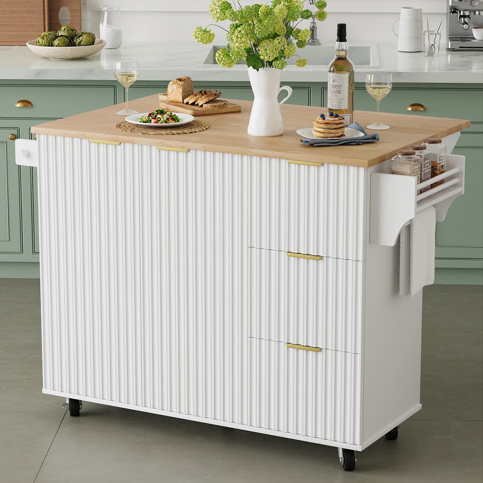 win2win Rolling Kitchen Island with Storage, Portable Kitchen Island with Drop Leaf Breakfast Bar, Modern Farmhouse Bar Cart on Wheels with Fluted Design, Towel Rack, Spice Rack, White