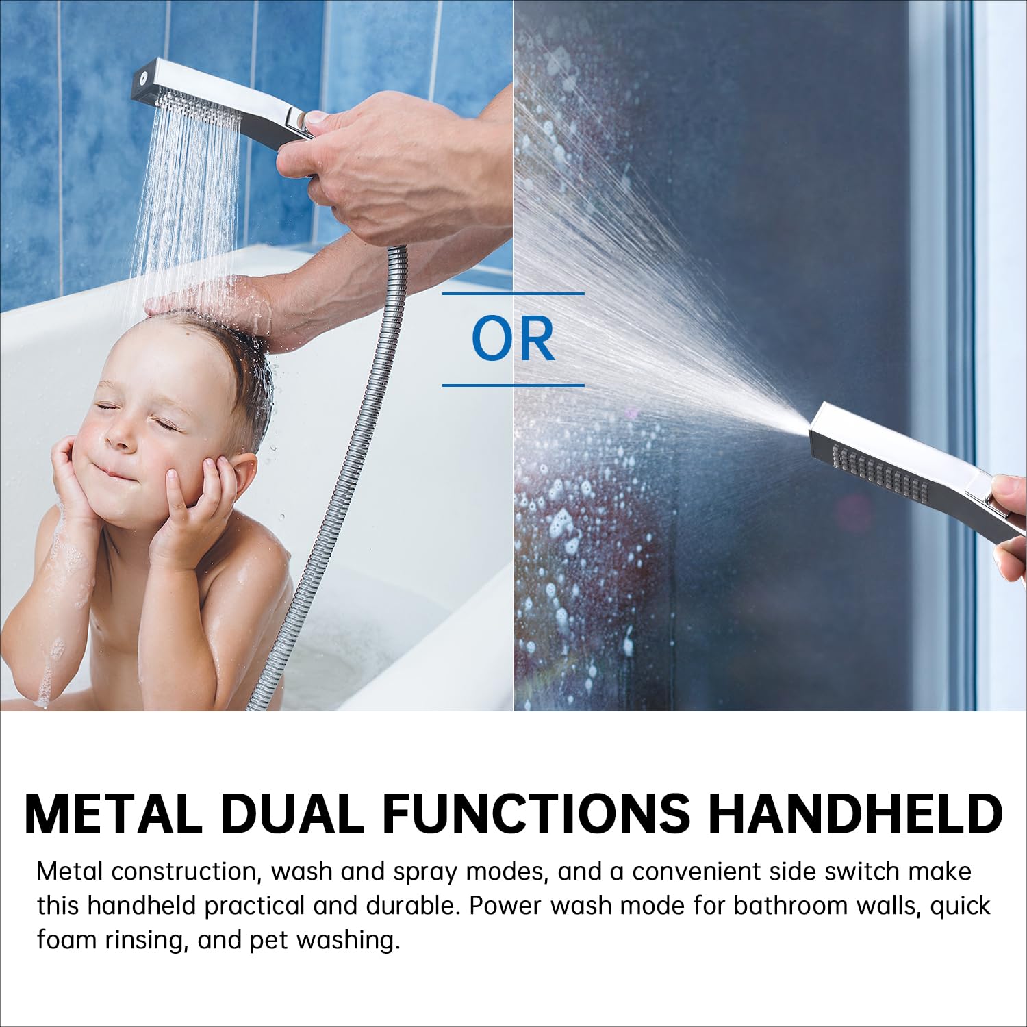 G-Promise All Metal 12 Inch Shower Head with Handheld Spray Combo，Rain Shower Head with Handheld Built-in Power Wash Mode, Adjustable Extension Arm with 4-Mode Diverter, 71 Inch Extra Long Hose