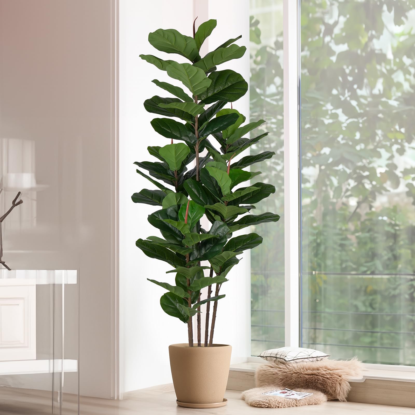Faux Fiddle Leaf Fig Tree 6 FT - Artificial Ficus Tree with Tall Artificial Plants 69 Fiddle Leaves