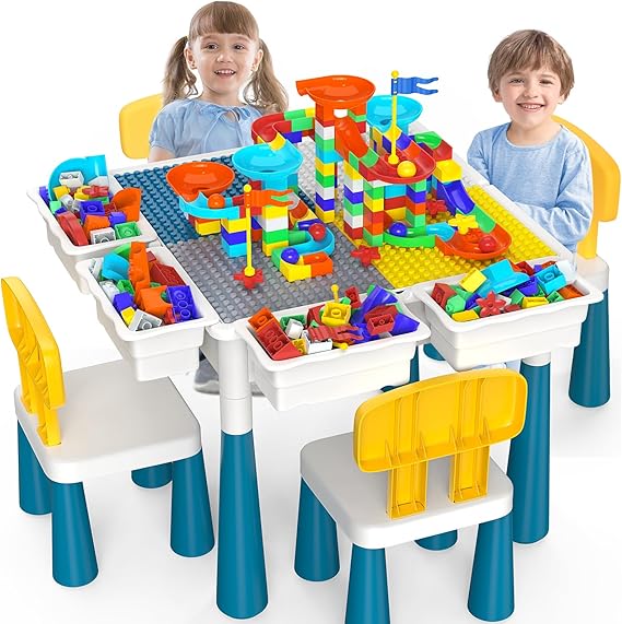 Activity Table Toddlers Kids Table and Chair Set with 152Pcs Large Marble Run Building