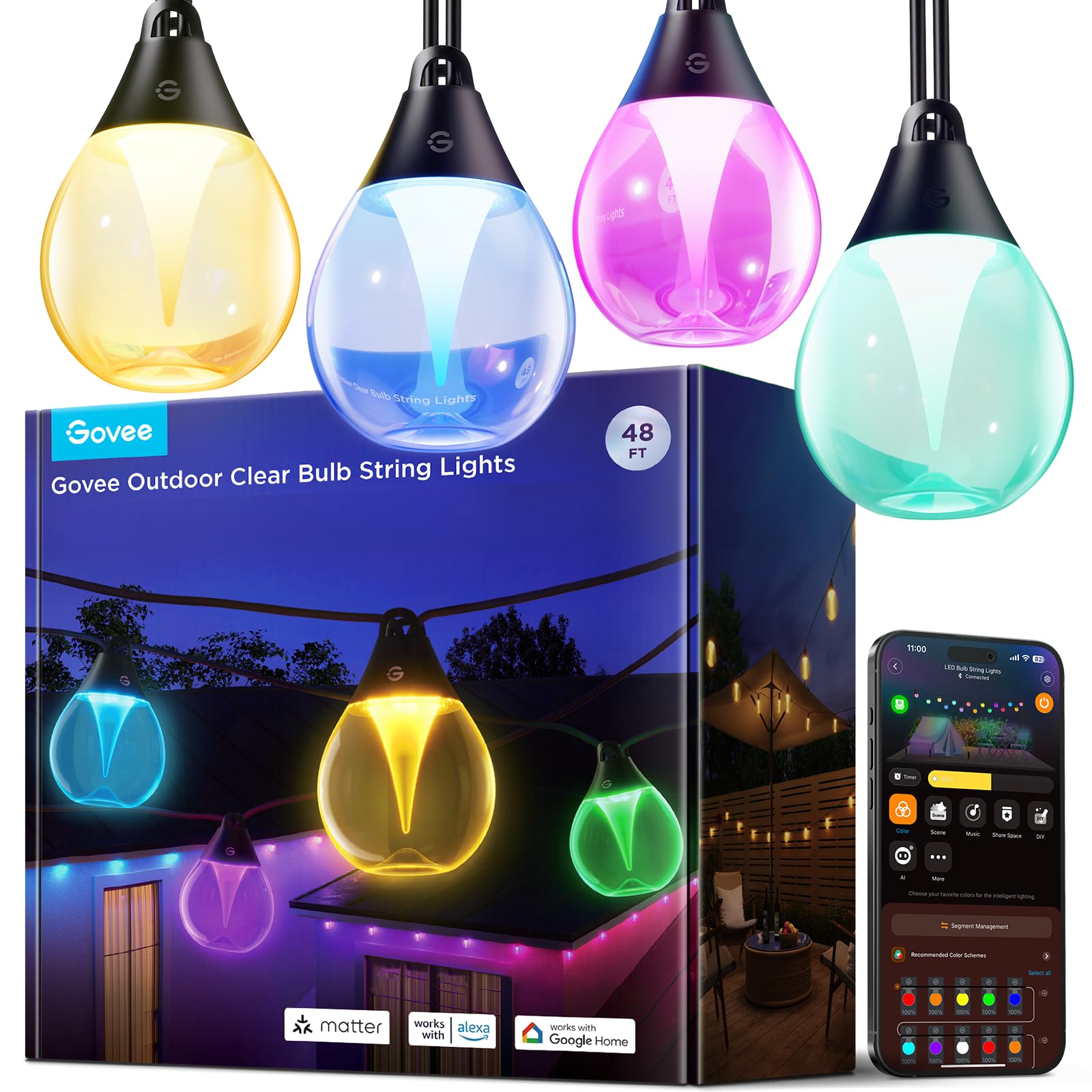 Outdoor Clear Bulb String Lights, 48ft RGBWIC Outdoor Lights with 15 Dimmable Warm White