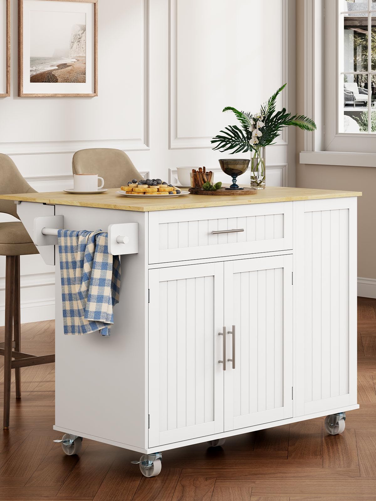 OtterOasis Kitchen Island with Storage, 31.5" D Rolling Kitchen Island Cart on Wheels with Widen Drop Leaf Rubberwood Top, Large Mobile Kitchen Island with Trash Can Storage and Towel Bar, White