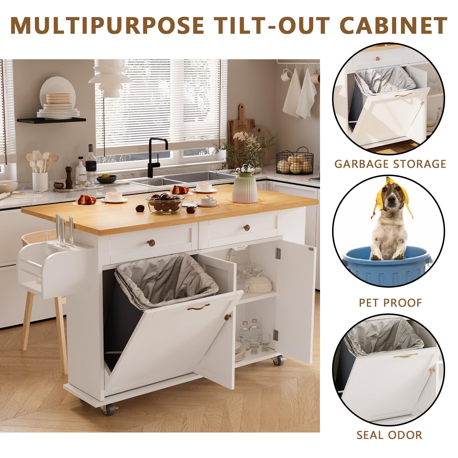 Rolling Kitchen Island with Drop Leaf, Kitchen Island Cart with Trash Storage Cabinet, Kitchen Rolling Island with Spice Rack & Knife Holder, Mobile Island Table for Kitchen, White