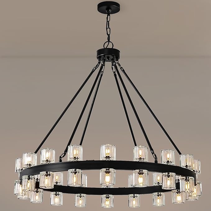 Black Wagon Wheel Chandelier, 48inch Large Crystal Chandeliers for High Ceiling