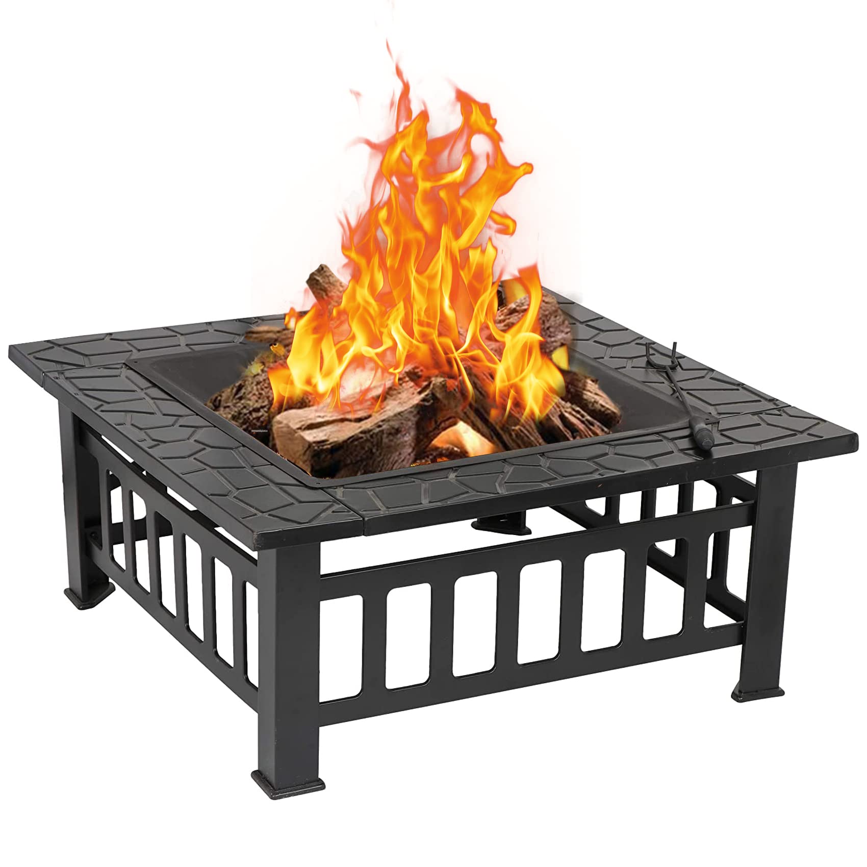 Outdoor Fire Pit Wood Burning Square FirePit for Outside Backyard Heating BBQ Drink Lawn