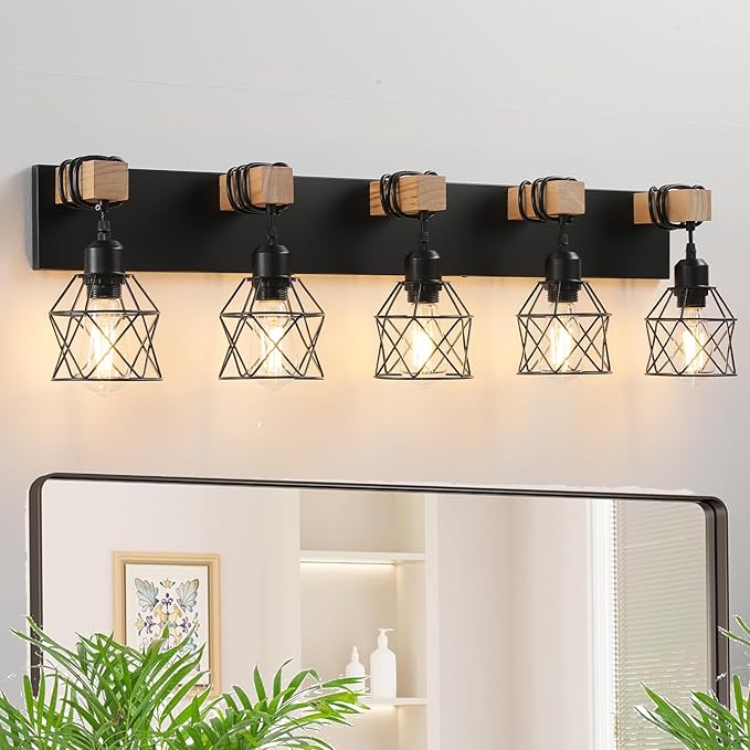 Farmhouse Vanity Light Fixture,6-Light Bathroom Lighting,Black Industrial Wood Wall Light