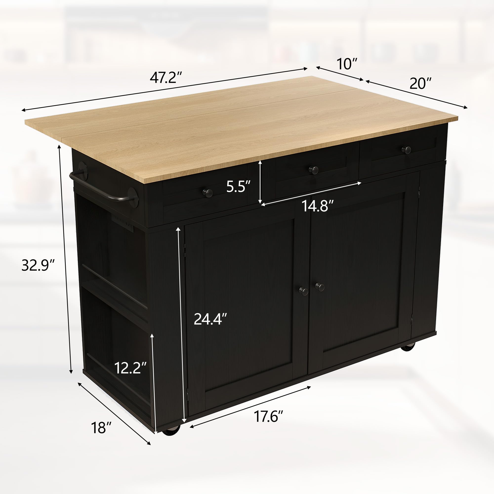 Kitchen Island Cart with 47.2" Wood Top, Island Table for Kitchen with Storage Cabinet & Drop Leaf, Rolling Kitchen Table with Spice Rack, Towel Rack, and Drawer, Portable Islands on Wheels, Black