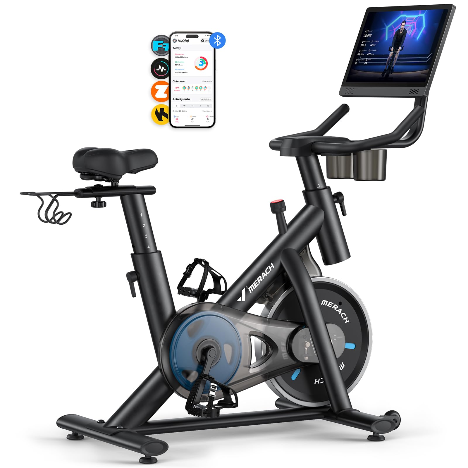 Magnetic Resistance Stationary Bike with Screen, 300lbs Indoor Cycling Bike