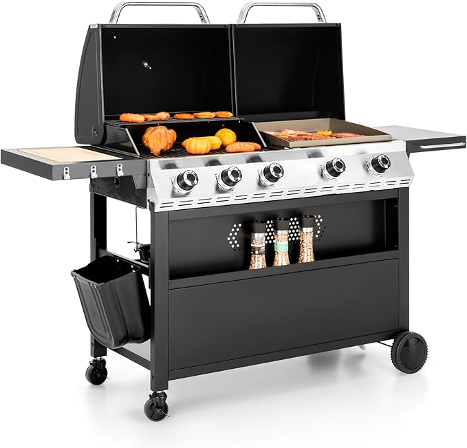 5 Burner Gas Grill Griddle Combo with Porcelain-Enameled Cast Iron Grates