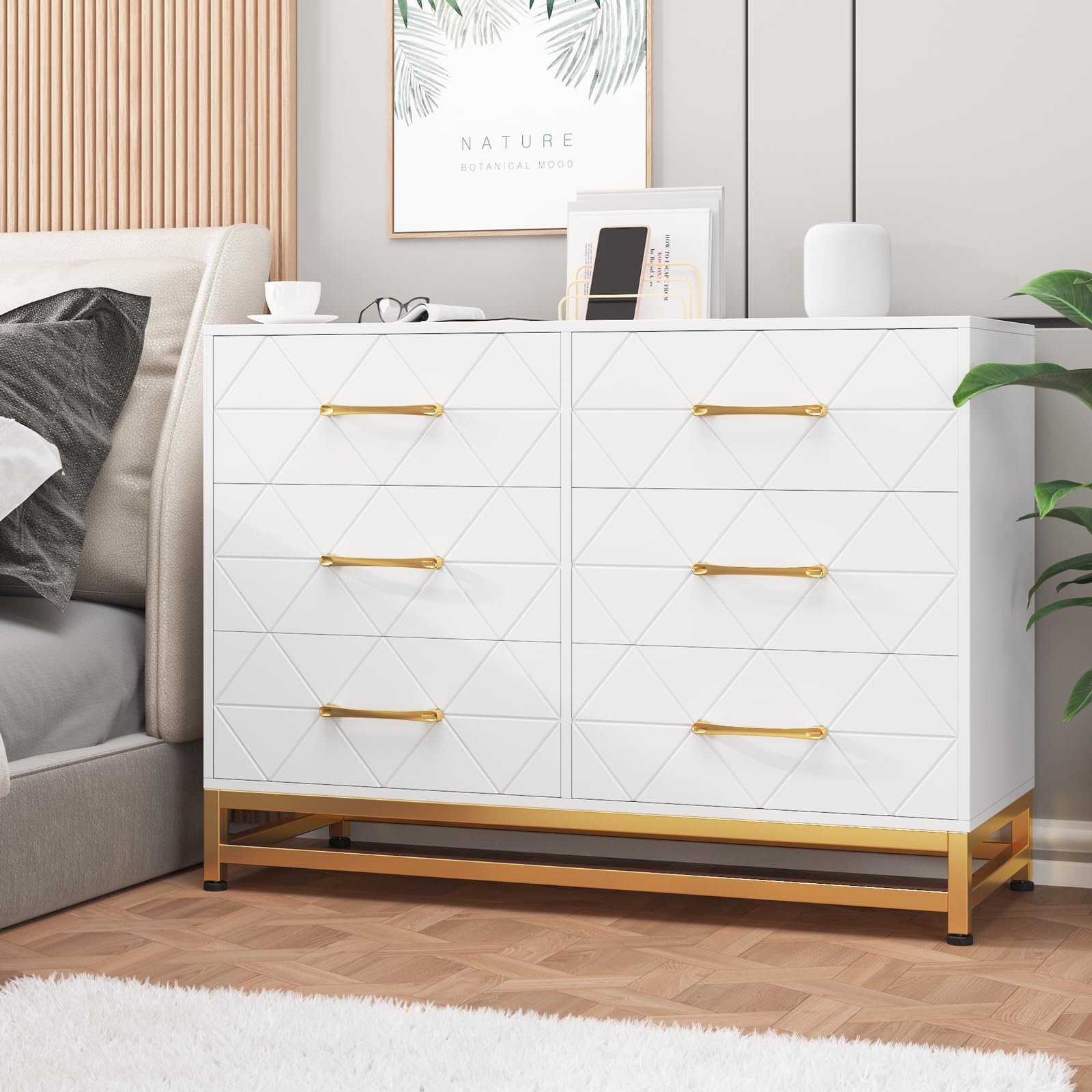 White Dresser for Bedroom with 6 Drawers, Wood Chest of Drawers