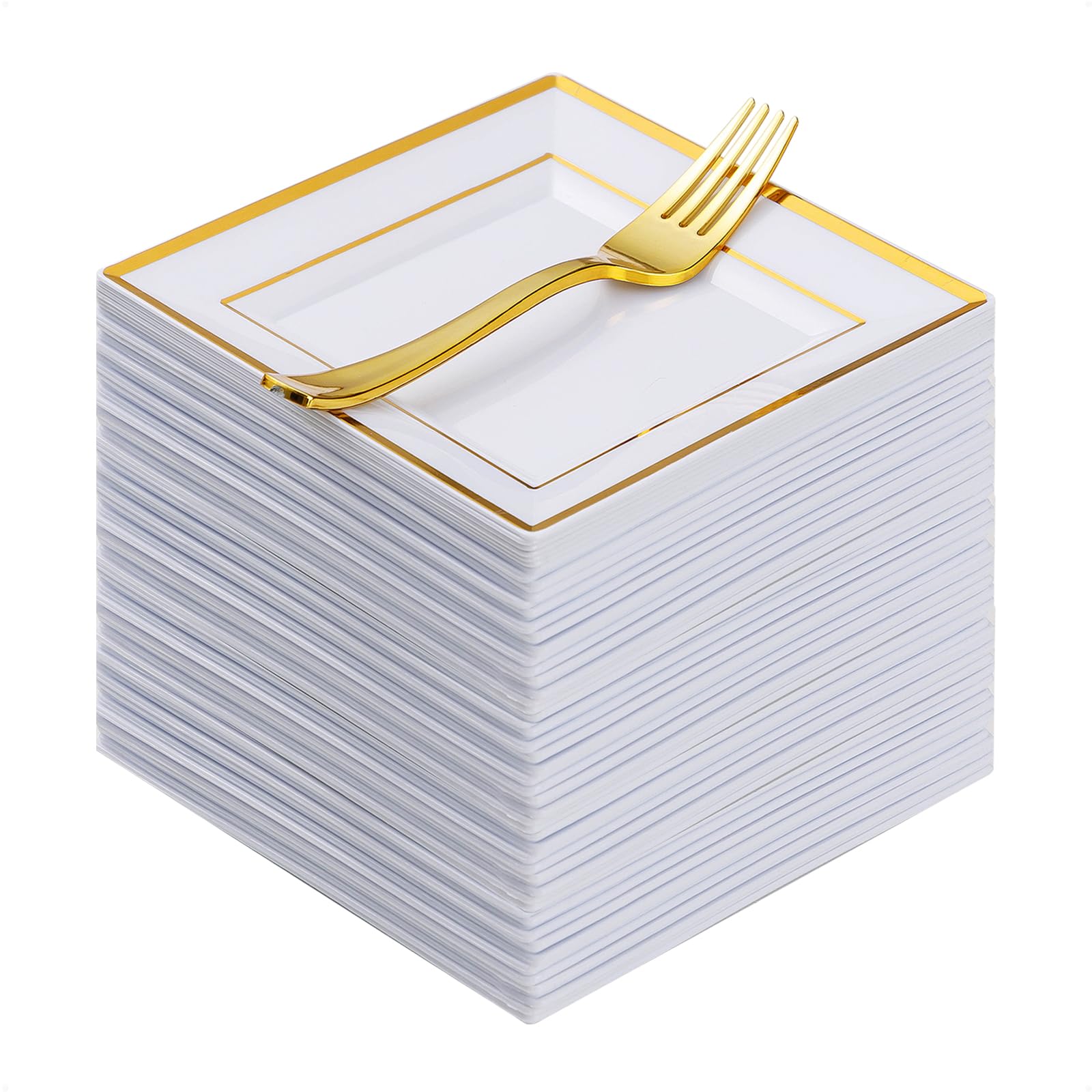 120 Pieces Gold Square Plastic Plates with Forks, Gold Dessert Plates