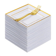 120 Pieces Gold Square Plastic Plates with Forks, Gold Dessert Plates