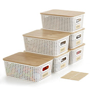 Small Plastic Storage Bins with Bamboo Lids 5.2qt Stackable Box Basket Pantry Decorative