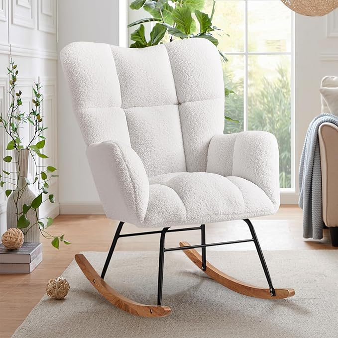 Rocking Chair Nursery, High Backrest Teddy Glider Rocker Upholstered Rocker Recliner