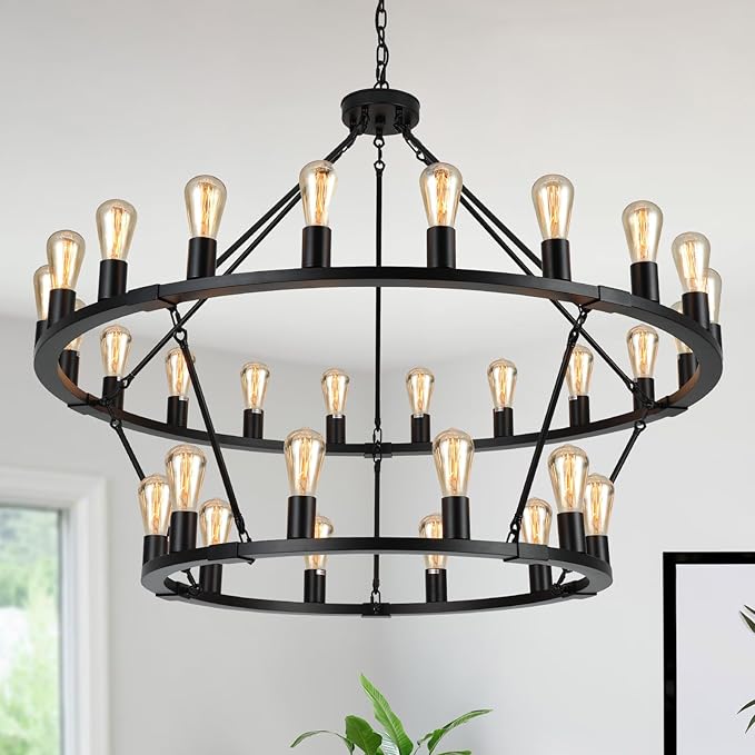 Wagon Wheel Chandelier, 15 Light Black Farmhouse Chandeliers for Dining Room
