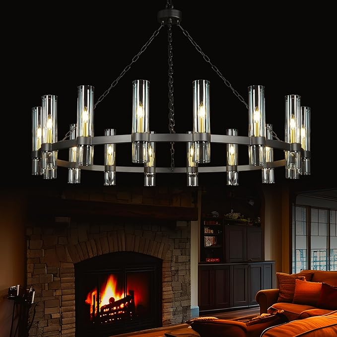 Black Wagon Wheel Chandelier, 16 Light Round Industrial Pendant Lightin