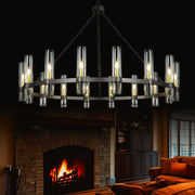 Black Wagon Wheel Chandelier, 16 Light Round Industrial Pendant Lightin