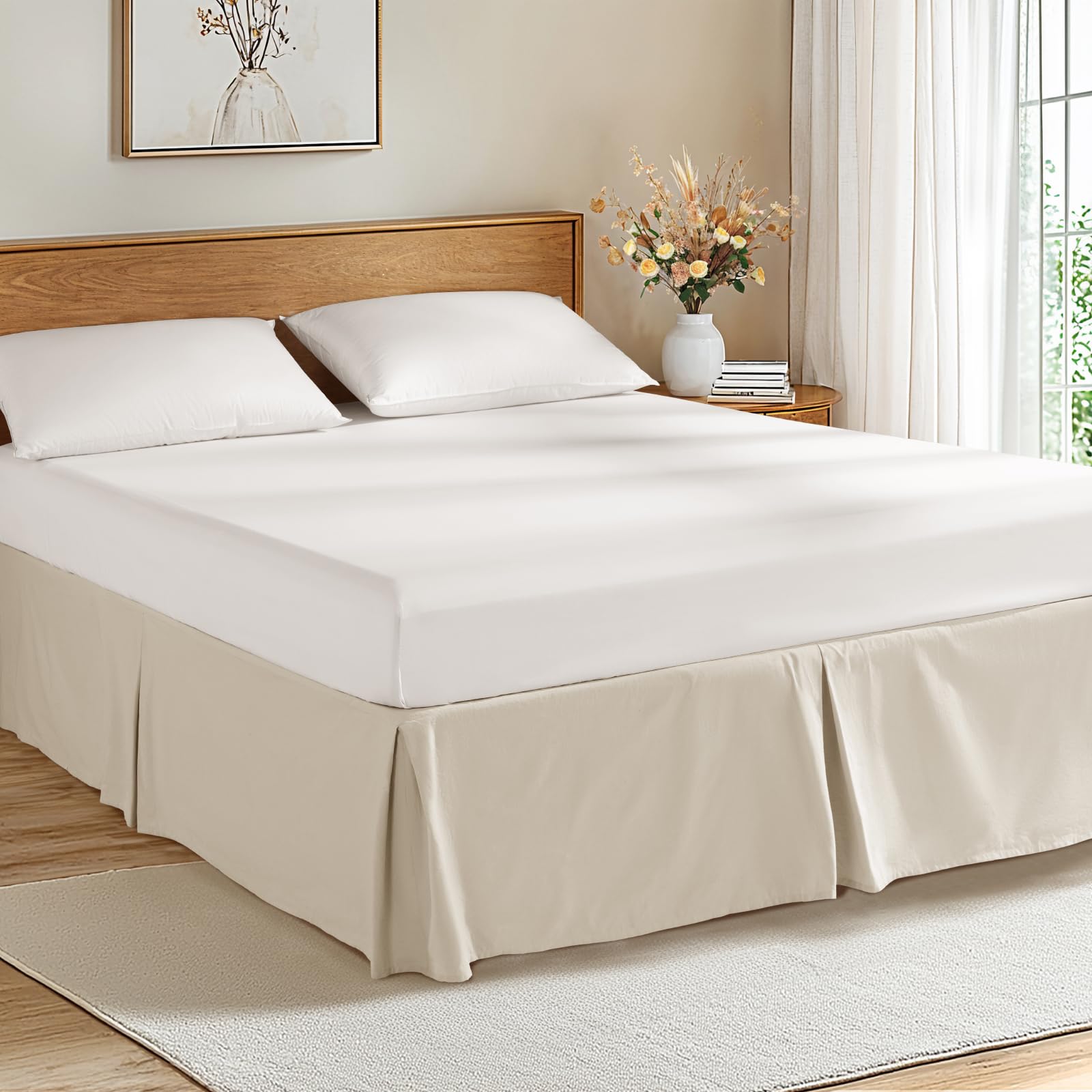 100% French Linen Bed Skirt King Size 14" Drop Tailored Drape Design Natural