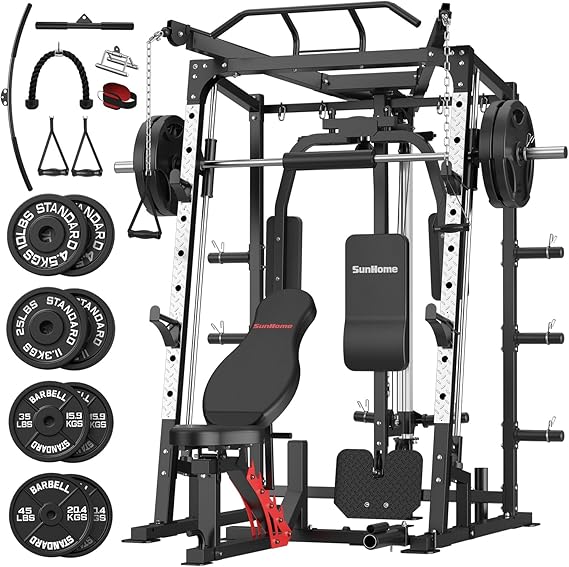 Machine with 120LBS Weight Stack, 2000LBS Power Cage Squat Rack with Smith Bar