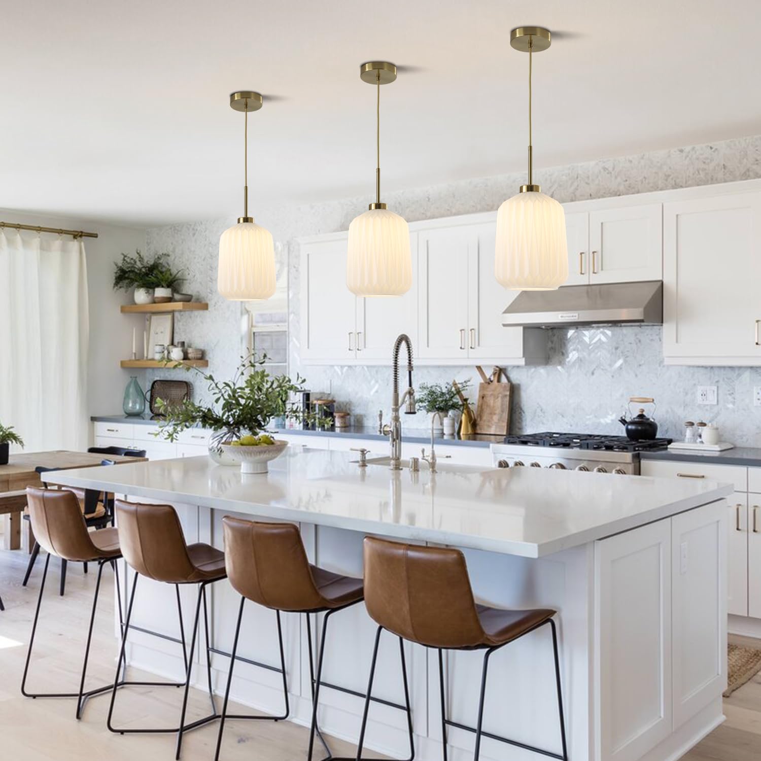 Modern White and Gold Pendant Lights Kitchen Island Mid Century Single Milk Glass