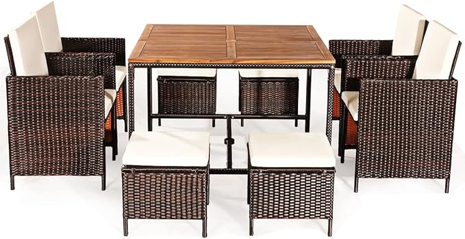 9-Piece Outdoor Dining Set - Patio Wicker Furniture Set w/Acacia Wood Tabletop
