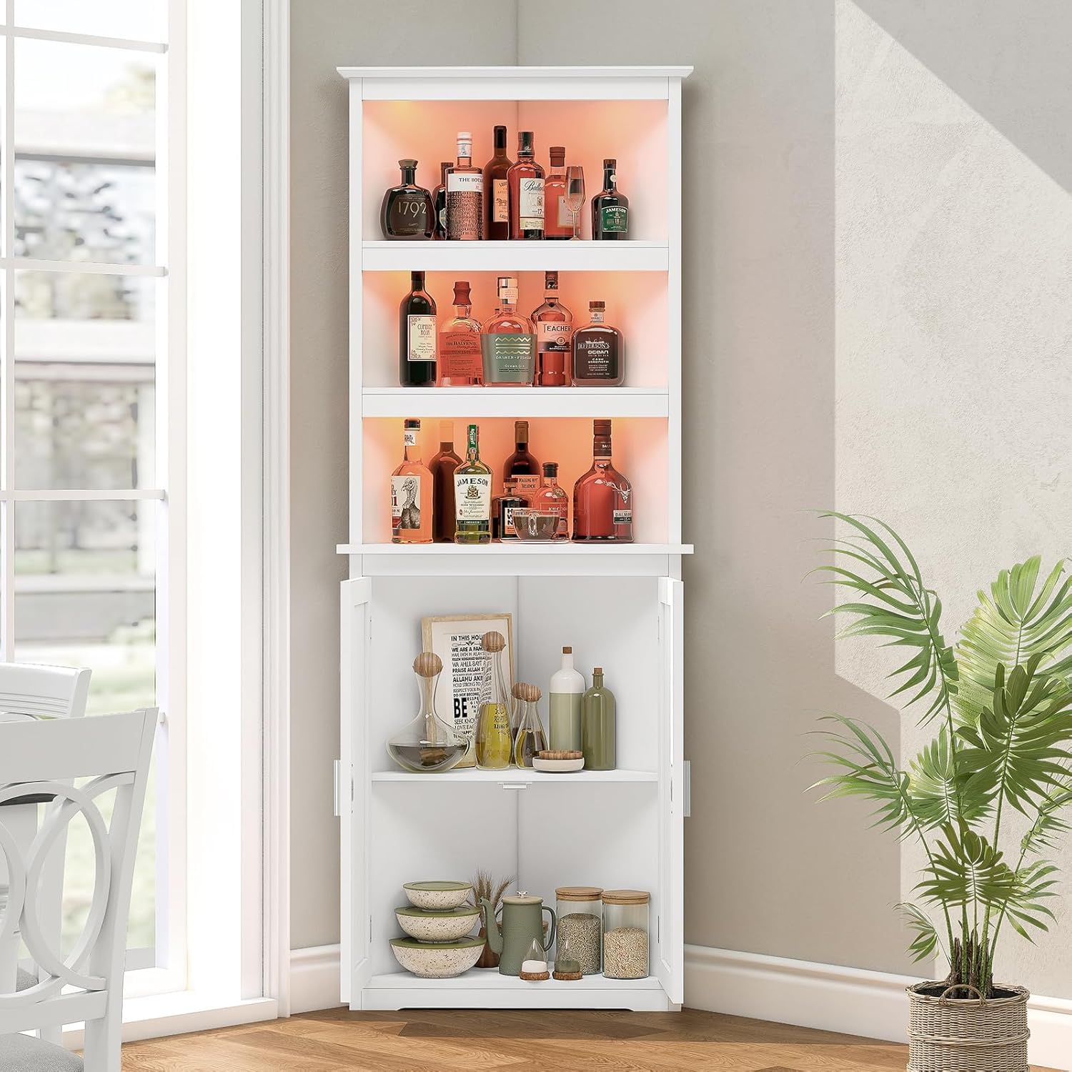 Tall Corner Cabinet with LED Lights, 5-Tier Bathroom Corner Cabinet,living room