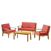 Home Peyton Outdoor Wooden Chat Set with Cushions, 4-Pcs Set, Teak Finish / Red