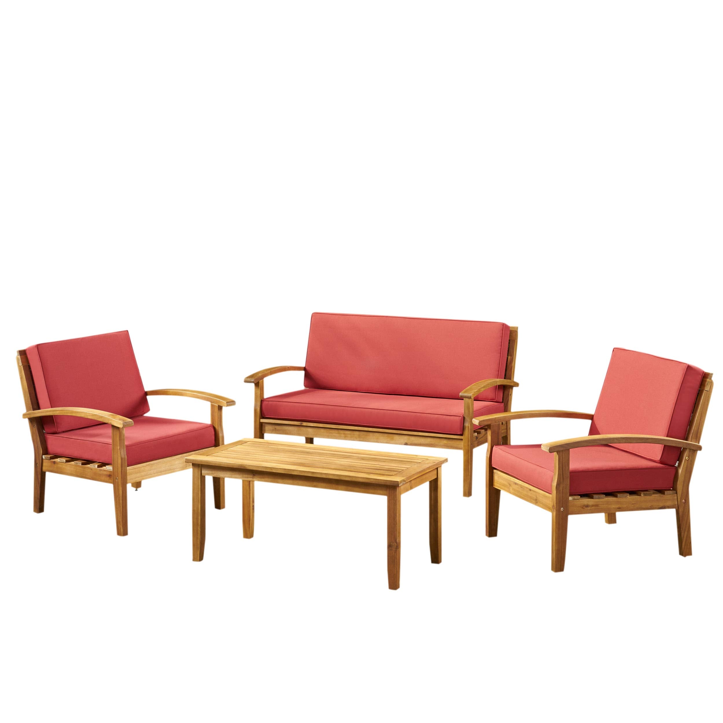 Home Peyton Outdoor Wooden Chat Set with Cushions, 4-Pcs Set, Teak Finish / Red