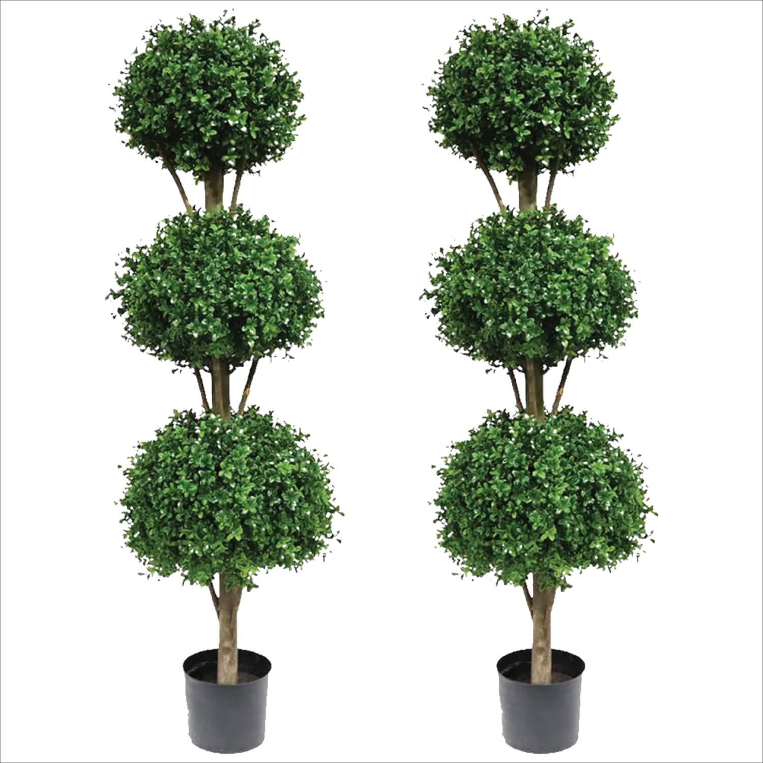 Two 66 Inch Artificial Boxwood Triple Ball Topiary Trees Potted UV Rated 5 and a Half Foot