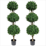 Two 66 Inch Artificial Boxwood Triple Ball Topiary Trees Potted UV Rated 5 and a Half Foot
