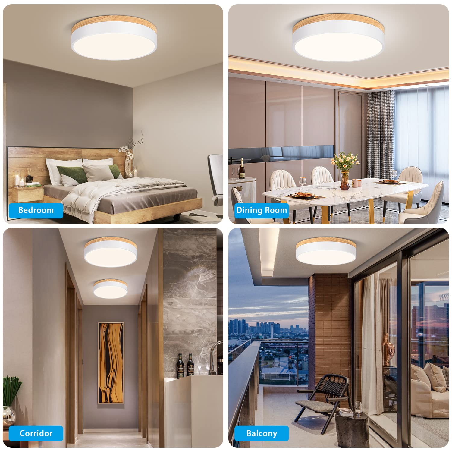 Modern Dimmable LED Close to Ceiling Light Minimalist Wood Oak Flush Mount Ceiling Light Fixture with Lampshade for Bedroom Living Room Bathroom Laundry Room (White-Dimmable, 11.8''/30cm)