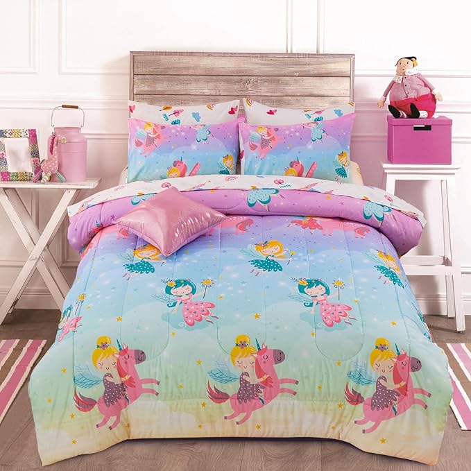 A Nice Night Purple Comforter Sets,Unicorn Flying Flower Clouds Printed